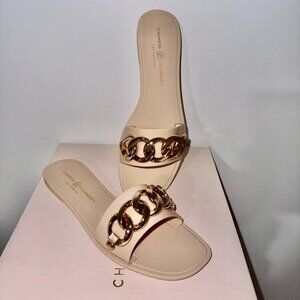Chinese Laundry Midsummer Slide Sandals – Nude with Gold Chain Detail